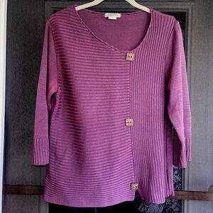 Orvis Womens Med Sweater 3/4 Sleeve Ribbed Buttons Purple Boho Career
